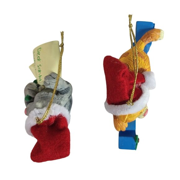 Cat Christmas Ornaments Set of 2 Kitty Noel Dear Santa Wearing Santa Hat Ceramic - Picture 6 of 8